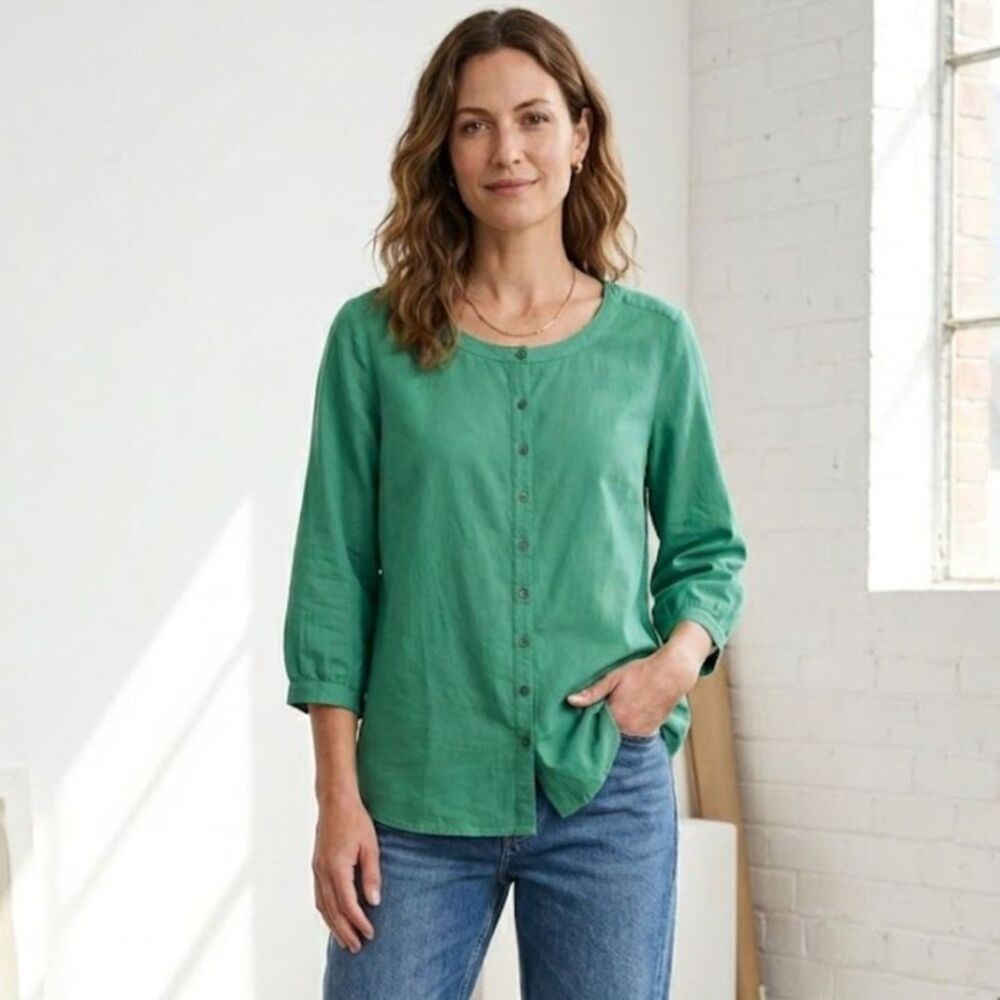 Bensimon Button Front Blouse Womens Large Long Sleeve Cotton Tunic Top Lagenlook